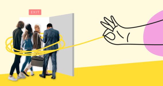 Illustration of four people walking towards an exit, wrapped by a yellow line from a hand gesture.
